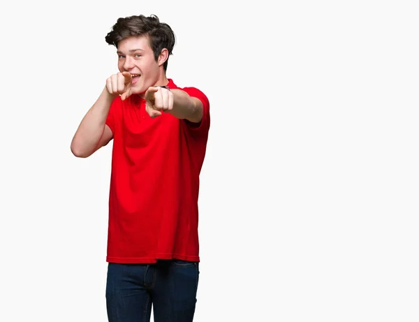Ung Vacker Man Klädd Röd Shirt Över Isolerade Bakgrund Peka — Stockfoto