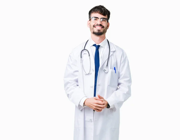 Νέος Γιατρός Άνδρας Φοράει Παλτό Νοσοκομείο Πάνω Από Απομονωμένες Φόντο — Φωτογραφία Αρχείου