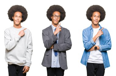 Beyaz izole arka plan üzerinde afro saçlı genç adamın kolaj yan, ciddi ve sakin yüz gösteren yan el parmağı ile işaret