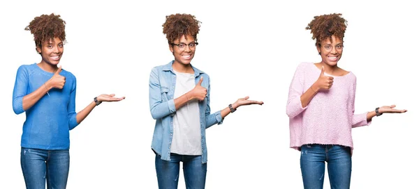 Collage Joven Hermosa Chica Africana Sobre Fondo Aislado Mostrando Mano — Foto de Stock