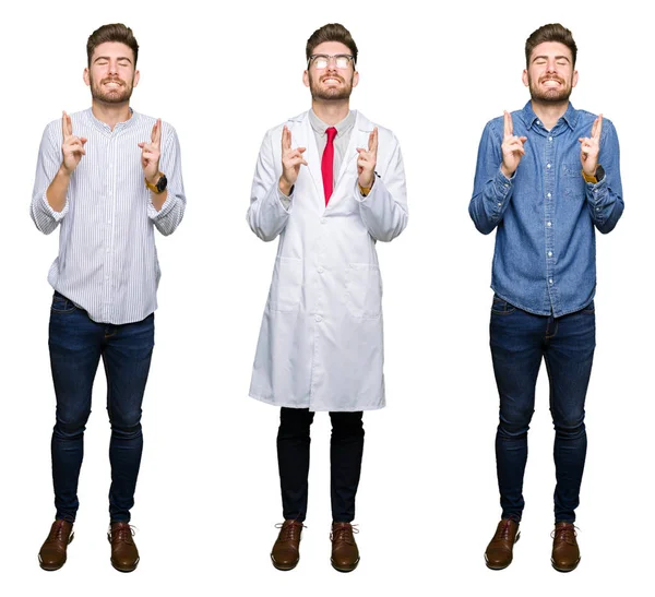 Collage Guapo Joven Profesional Sobre Fondo Blanco Aislado Sonriendo Cruzando — Foto de Stock