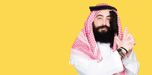 Arabian Business Man Long Hair Wearing Traditional Keffiyeh Scarf Holding — Stock Photo, Image