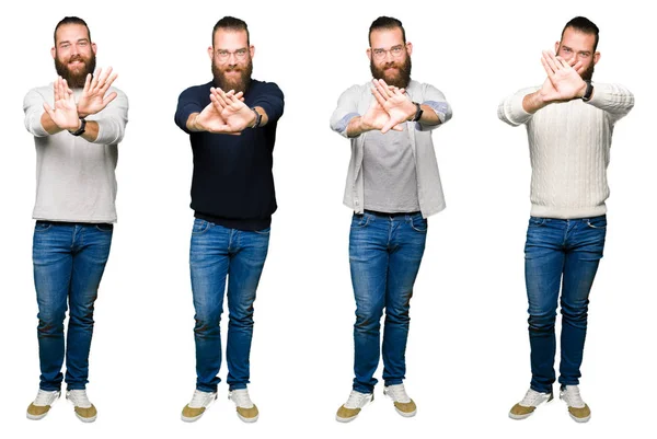 Collage of young man with bun over white isolated background Rejection expression crossing arms and palms doing negative sign, angry face