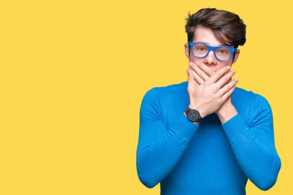 Young Handsome Man Wearing Blue Glasses Isolated Background Shocked Covering — Stock Photo, Image