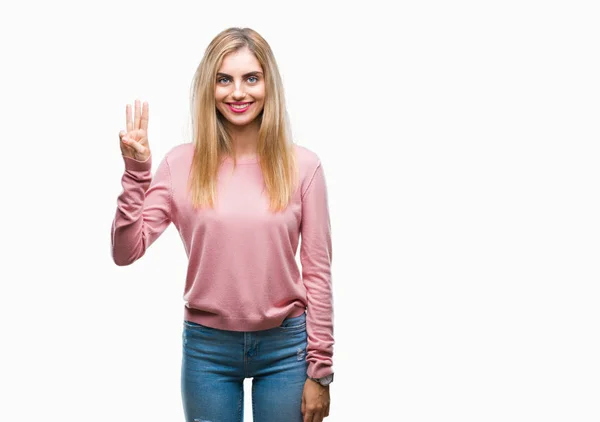 Junge Schöne Blonde Frau Trägt Rosa Winterpullover Über Isoliertem Hintergrund — Stockfoto