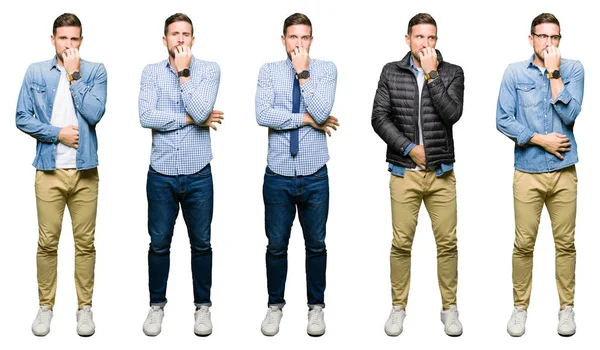 Collage Attraktiv Ung Man Över Vit Isolerade Bakgrund Ser Stressad — Stockfoto