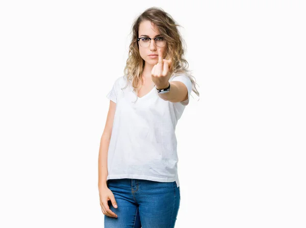 Piękna Młoda Kobieta Blonde Noszenie Okularów Białym Tle Wyświetlone Środkowego — Zdjęcie stockowe