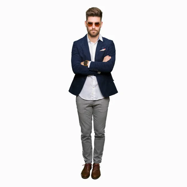 Young Handsome Elegant Man Wearing Sunglasses Fashion Blazer Skeptic Nervous — Stock Photo, Image