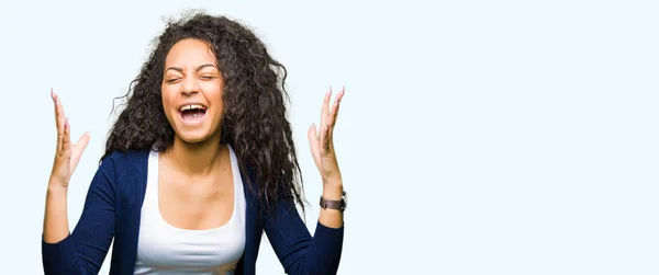 Young Beautiful Girl Curly Hair Celebrating Mad Crazy Success Arms — Stock Photo, Image