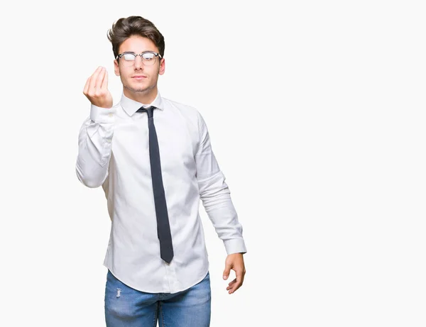 Joven Hombre Negocios Con Gafas Sobre Fondo Aislado Haciendo Gesto —  Fotos de Stock