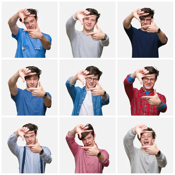 Collage Hombre Joven Sobre Fondo Blanco Aislado Sonriendo Haciendo Marco —  Fotos de Stock