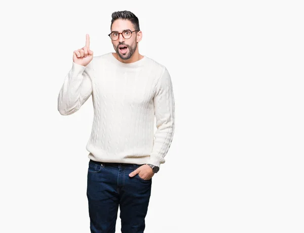 Joven Hombre Guapo Con Gafas Sobre Fondo Aislado Apuntando Con —  Fotos de Stock