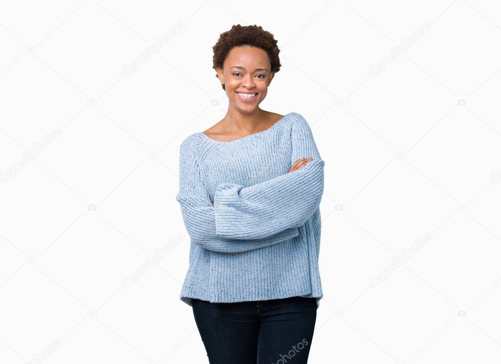 Young beautiful african american woman wearing a sweater over isolated background happy face smiling with crossed arms looking at the camera. Positive person.
