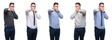 Beyaz izole arka plan üzerinde yakışıklı iş adamı Kolaj Sizi gülüyor, ağız üzerinde parmak el ile kamera işaret, utanç ifade