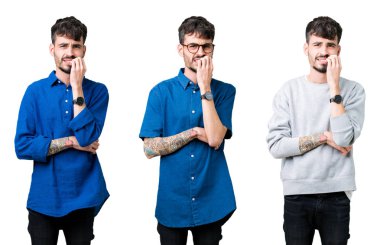 Genç adam stresli ve gergin ile izole arka plan üzerinde kolaj tırnak ısırma dudaklarından eller. Anksiyete sorunu.