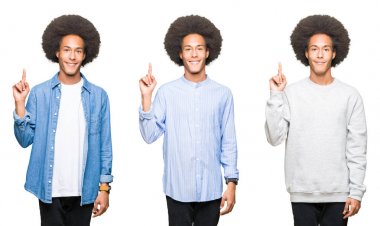 Gösterilen ve kendinden emin ve mutlu gülümseyen bir parmak ile işaret eden oktan yukarı beyaz izole arka plan üzerinde afro saçlı genç adam kolaj.