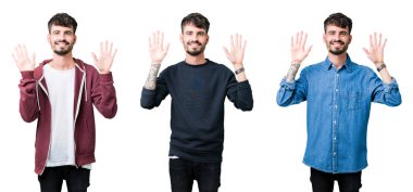 İzole arka plan üzerinde genç adam kolaj gösteren ve parmak sayısı on ile işaret kadar güven ve mutlu gülümseyen.