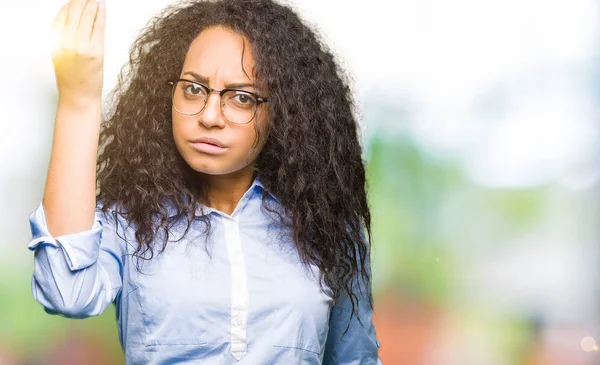 Young Beautiful Business Girl Curly Hair Wearing Glasses Doing Italian — Stock Photo, Image