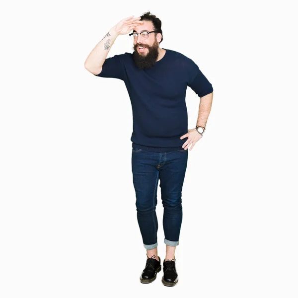 Young Hipster Man Long Hair Beard Wearing Glasses Very Happy — Stock Photo, Image
