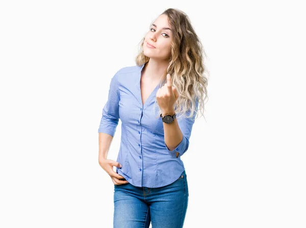 Beautiful Young Blonde Business Woman Isolated Background Beckoning Come Here — Stock Photo, Image