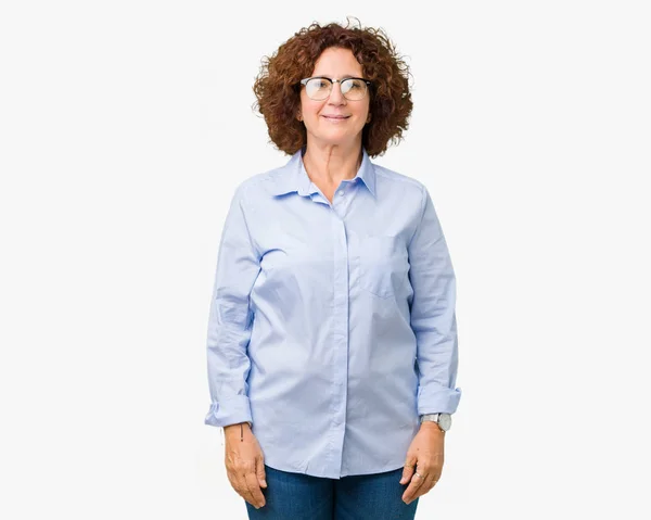 Piękny Środkowy Ager Senior Business Kobietę Okularach Białym Tle Szczęśliwy — Zdjęcie stockowe