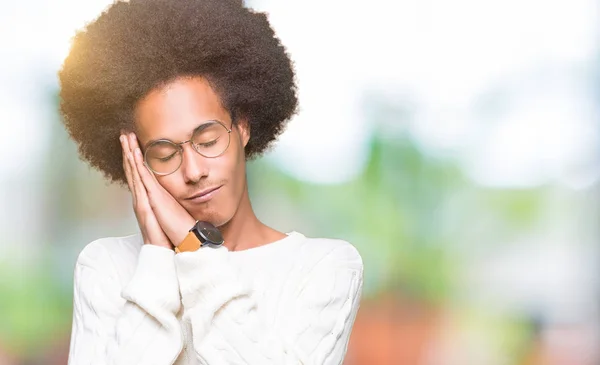 Young African American Man Afro Hair Wearing Glasses Sleeping Tired — Stock Photo, Image
