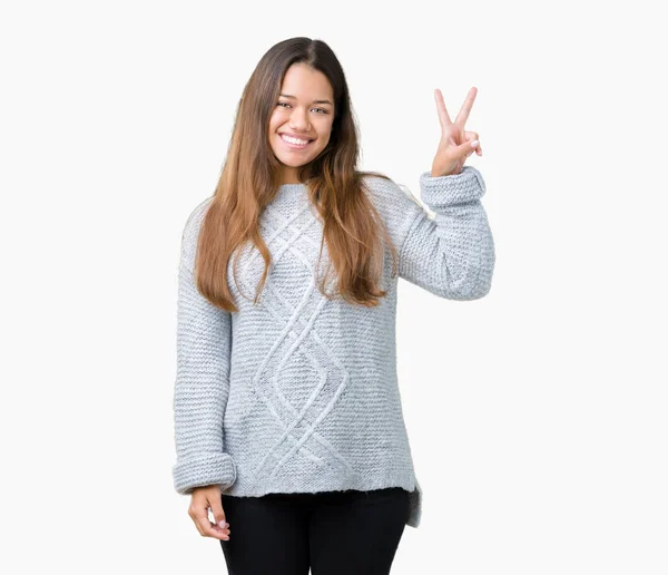 Young Beautiful Brunette Woman Wearing Sweater Isolated Background Smiling Happy — Stock Photo, Image