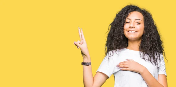 Young Beautiful Girl Curly Hair Wearing Casual White Shirt Swearing — Stock Photo, Image