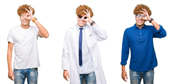 Kolaż Młodego Mężczyzny Ubrany Inny Wygląd Okulary Białym Tle Robi — Zdjęcie stockowe