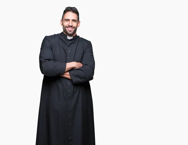 Genç Hıristiyan Rahip Izole Arka Plan Ile Mutlu Yüz Gülümseyerek — Stok fotoğraf