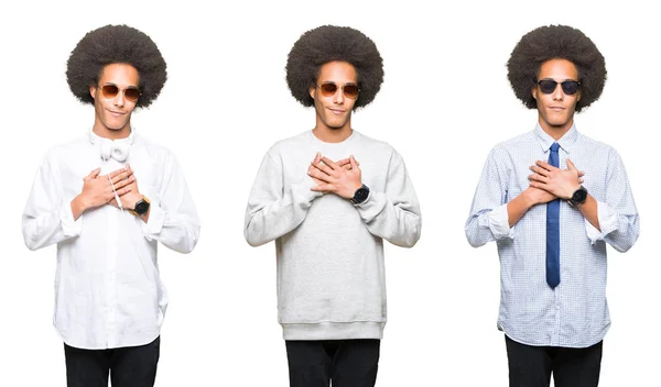 Коллаж Молодого Человека Афроволосами Белом Изолированном Фоне Улыбающегося Руками Груди — стоковое фото