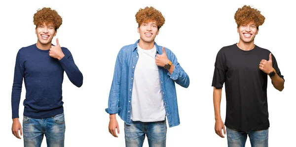 Collage Young Men Curly Hair Isolated White Background Doing Happy — Stock Photo, Image