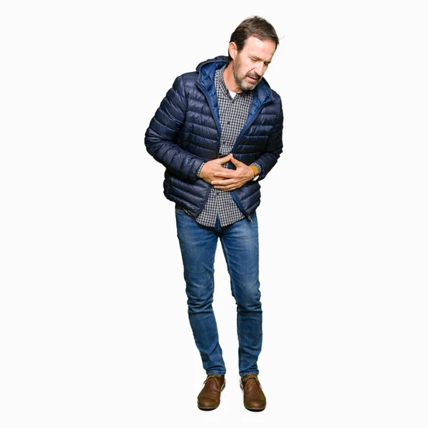 Middle Age Handsome Man Wearing Winter Coat Hand Stomach Because — Stock Photo, Image