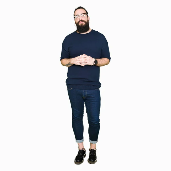 Jeune Homme Hipster Aux Cheveux Longs Barbe Portant Des Lunettes — Photo