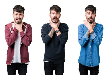 Kolaj genç bir adam üzerinde izole arka plan bağırarak ve çünkü boğmak acı kendi ellerimle öldürürüm. Sağlık sorunu. Yaralarından ve intihar kavramı.