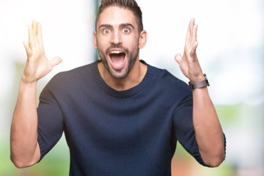 Üzerinde kazak giyen genç yakışıklı adam deli kutluyor arka plan izole ve silah ile başarı için yükseltilmiş ve açık gözleri heyecanlı çığlık hayrete düşürdü. Kazanan kavramı