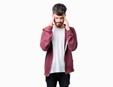 Çünkü genç yakışıklı adam arka plan baş baş ağrısı için el ile izole stres. Migren muzdarip.