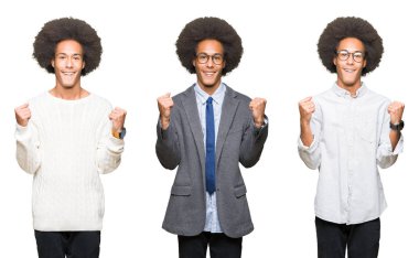 Beyaz izole arka plan üzerinde afro saç ile genç adam kolaj şaşırttı ve silah yükseltilmiş ve açık gözleri ile başarı için hayran kutluyor. Kazanan kavramı.