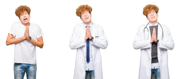 Colagem Jovem Médico Vestindo Casaco Médico Sobre Fundo Branco Isolado — Fotografia de Stock