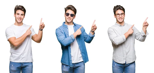 Colagem Homem Bonito Jovem Sobre Fundo Isolado Sorrindo Olhando Para — Fotografia de Stock