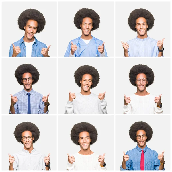 Collage of young man with afro hair over white isolated background success sign doing positive gesture with hand, thumbs up smiling and happy. Looking at the camera with cheerful expression, winner gesture.