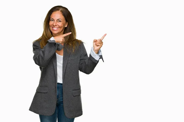 Middle Age Adult Woman Wearing Oversize Boyfriend Jacket Isolated Background — Stock Photo, Image