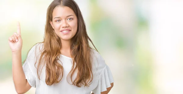 Jonge Mooie Brunette Zakenvrouw Geïsoleerde Achtergrond Tonen Omhoog Met Vinger — Stockfoto