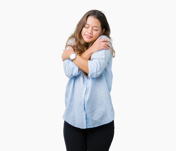 Jonge Mooie Brunette Zakenvrouw Geïsoleerd Achtergrond Knuffelen Zich Gelukkig Positief — Stockfoto