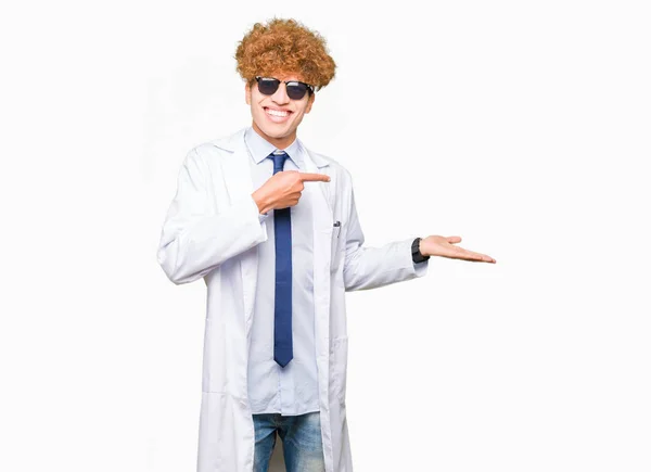 Young Handsome Scientist Man Wearing Professional Coat Sunglasses Amazed Smiling — Stock Photo, Image