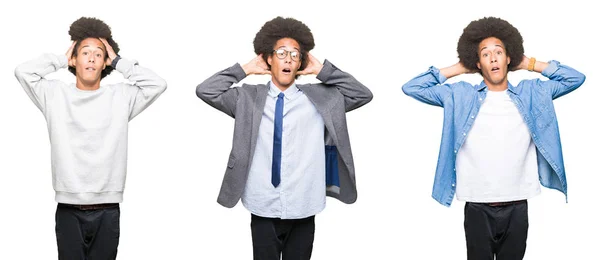 Colagem Jovem Com Cabelo Afro Sobre Fundo Isolado Branco Louco — Fotografia de Stock