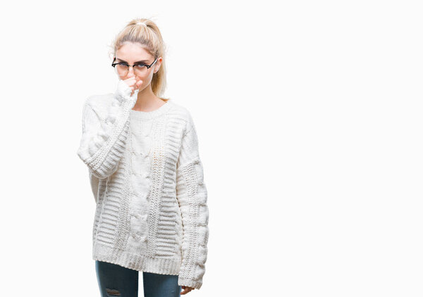 Young beautiful blonde woman wearing glasses over isolated background feeling unwell and coughing as symptom for cold or bronchitis. Healthcare concept.