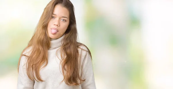 Jonge Mooie Brunette Vrouw Coltrui Trui Dragen Geïsoleerde Achtergrond Steken — Stockfoto