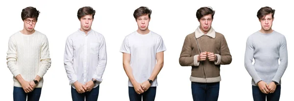Collage Ung Man Över Vit Isolerade Bakgrund Deprimerad Och Orolig — Stockfoto
