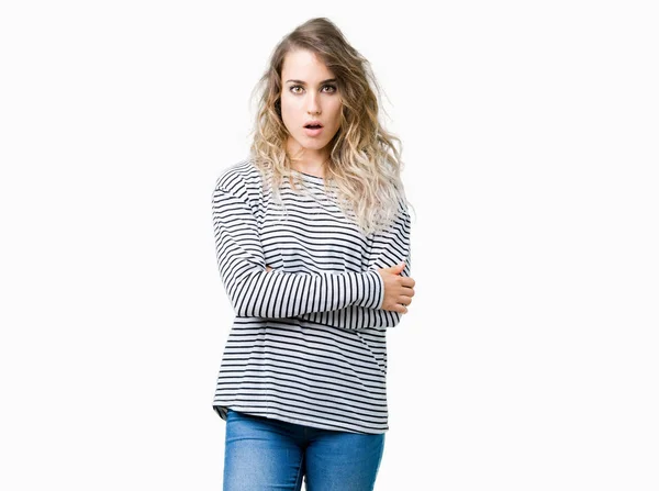 Beautiful Young Blonde Woman Wearing Stripes Sweater Isolated Background Afraid — Stock Photo, Image